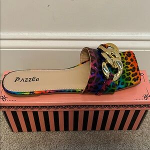 Puzzle Multicolor Leopard Print Sandals with Gold Buckle